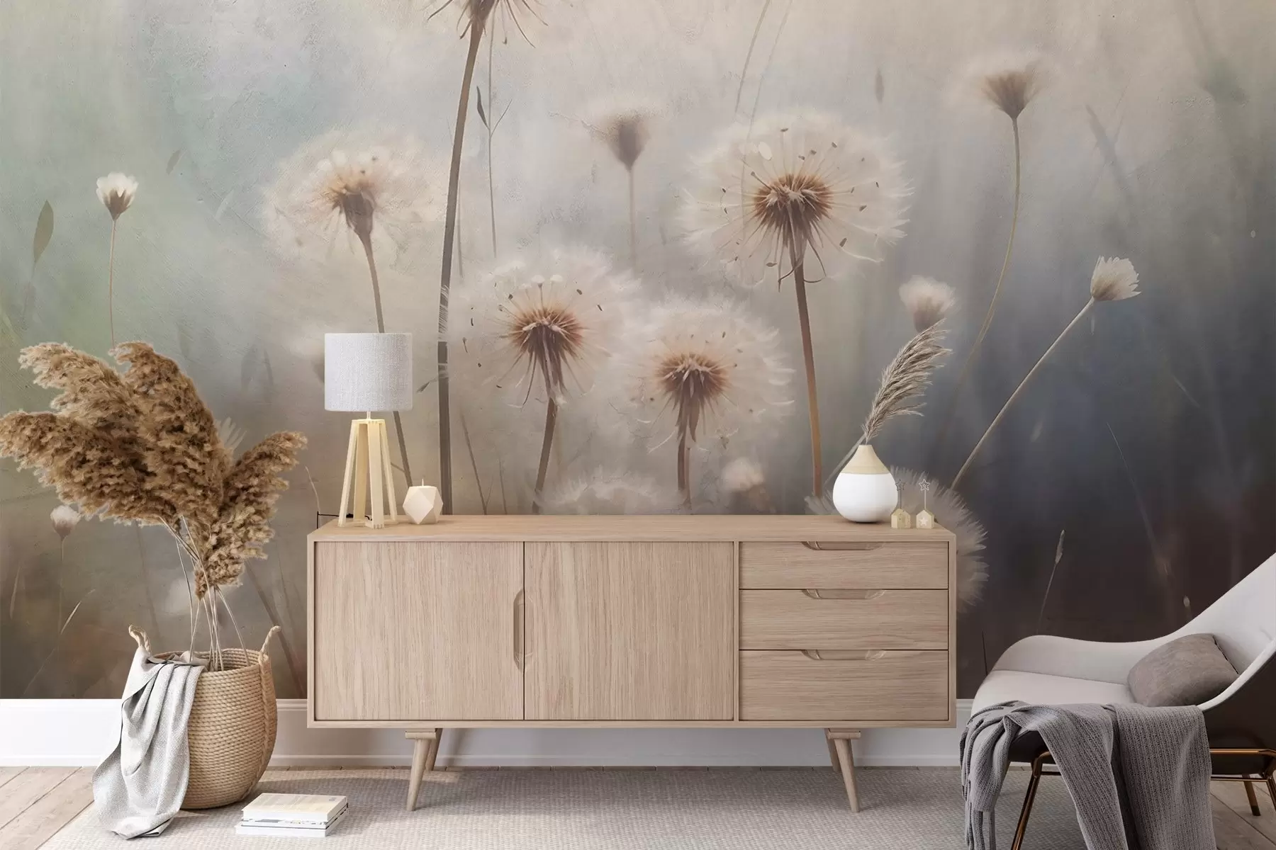 Fototapetai Minkšto fokusavimo pienių gėlės lauke, su neryškiu pastelinės spalvos tekstūruotu fonu w08432