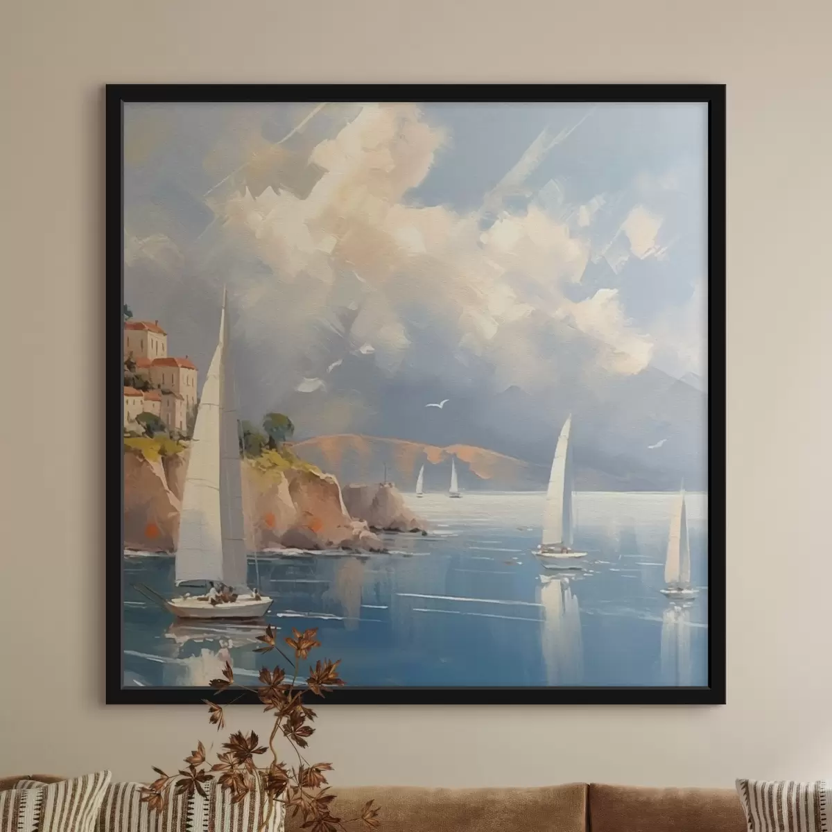 Plakatas Pakrantė ir baltos burės f41691