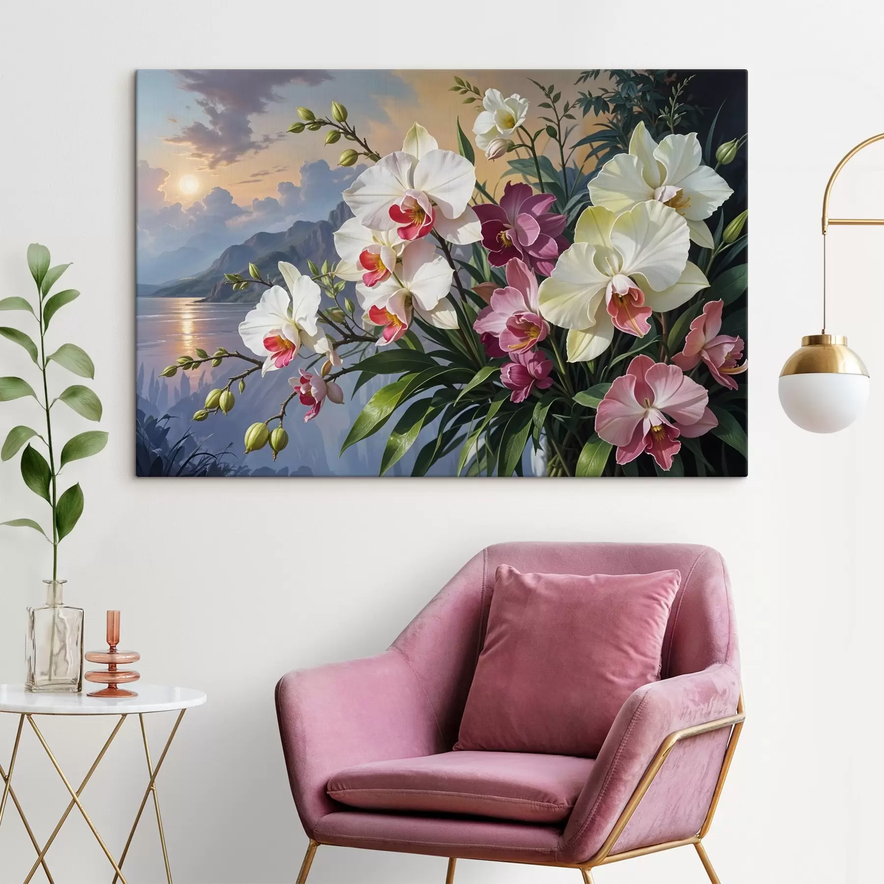 Fototapetai Ryški atogrąžų gėlių puokštė su orchidėjomis ir sodria žalia lapija jūros peizažo fone s41713