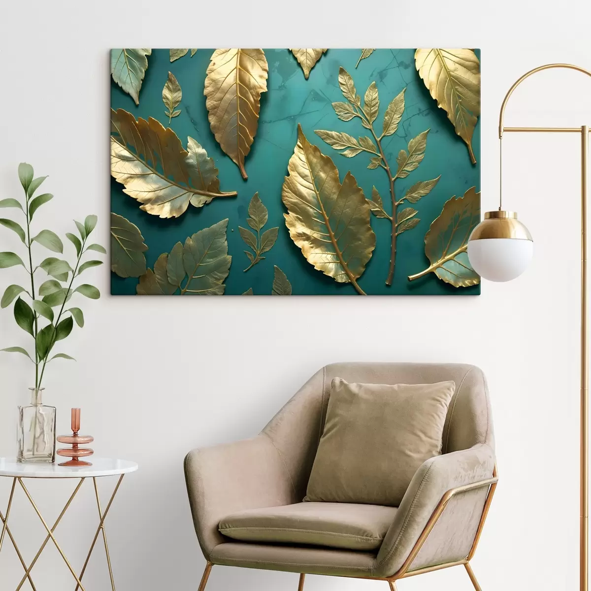 Paveikslėlis Geltoni subtilūs lapai ant arbatinės spalvos fono, sukuriantys elegantišką botaninį atspaudą s41727