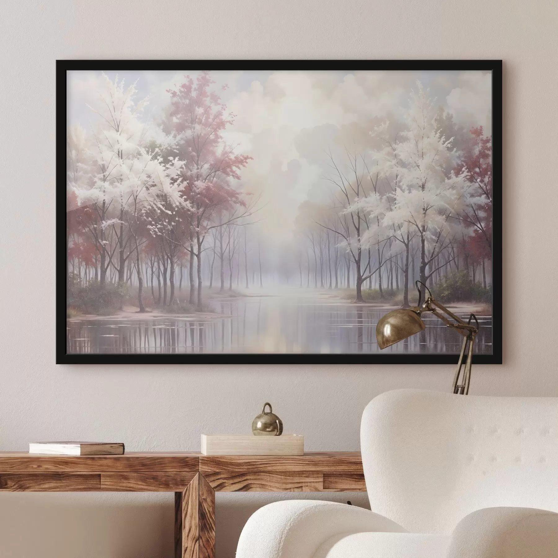 Fototapetai Ramus kraštovaizdis su miglotu mišku, plikais medžiais ir ramiu ežeru, kuriame atsispindi švelnūs rausvi ir balti tonai f41720