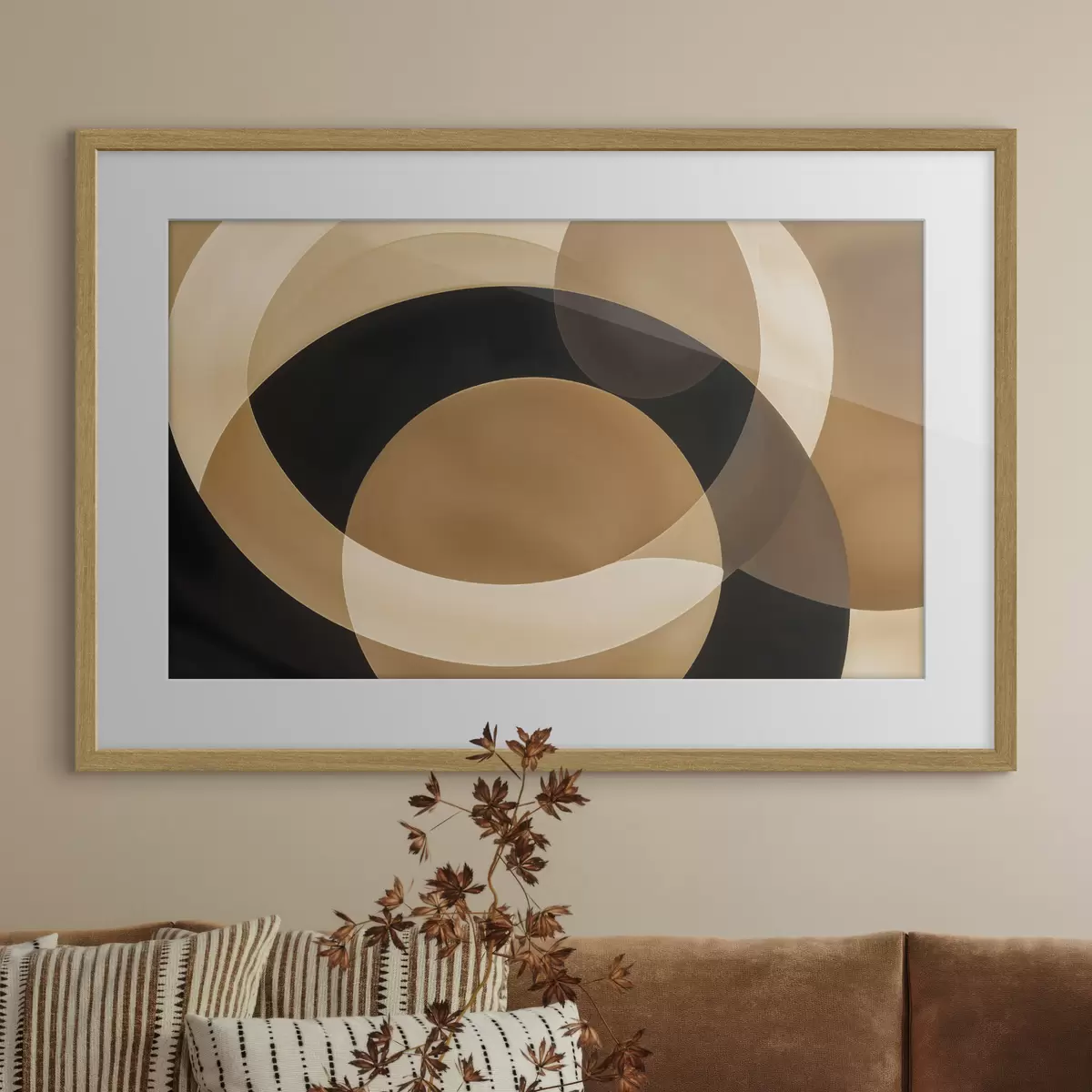 Plakatas Geometrinės rudų, smėlio ir juodų atspalvių figūros, sukuriančios abstrakčią, minimalistinę kompoziciją f41741