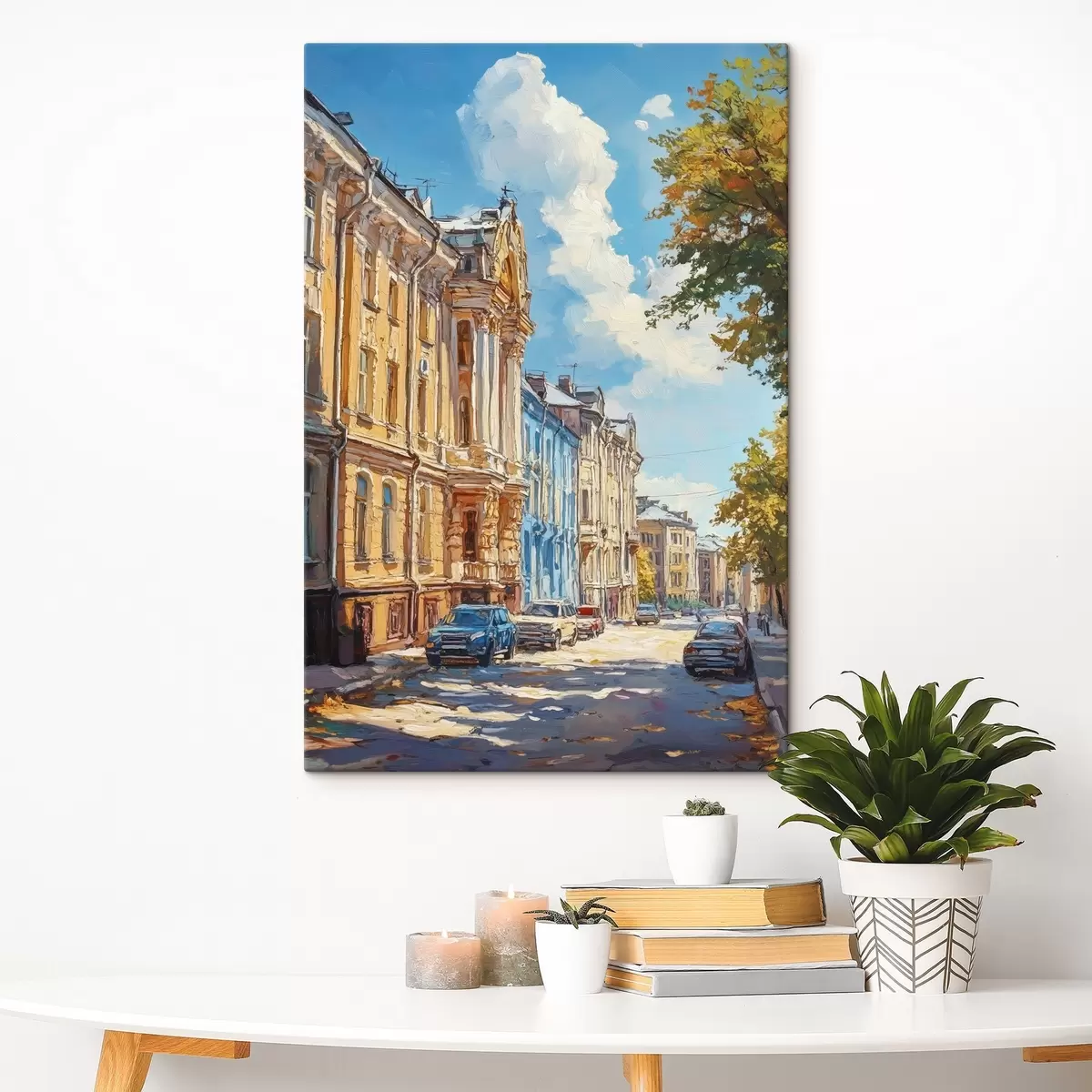 Paveikslėlis Miesto gatvė saulėtą dieną, aliejinių dažų stiliumi s41751