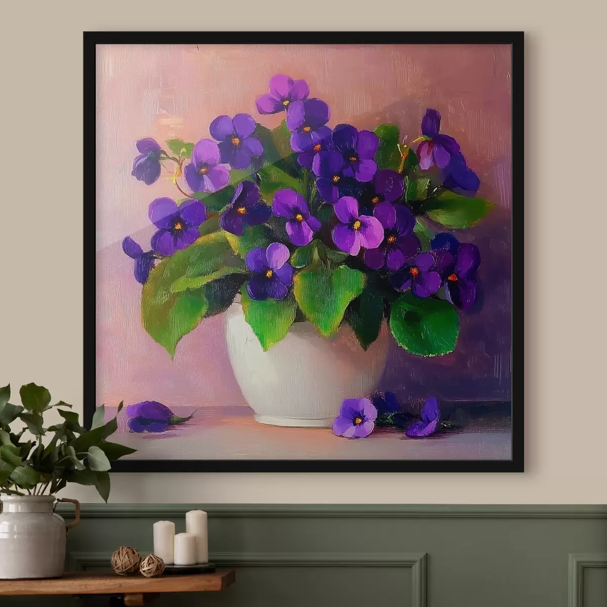 Plakatas Violetinės vijoklinės gėlės baltame vazone f41823