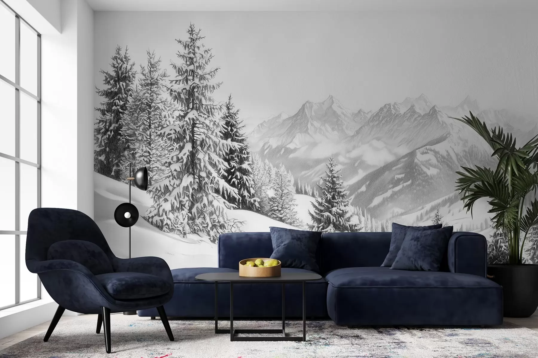 Fototapetai Žiema kalnuose, miškas, Alpės, piešinys pieštuku, gamtos peizažai w02353