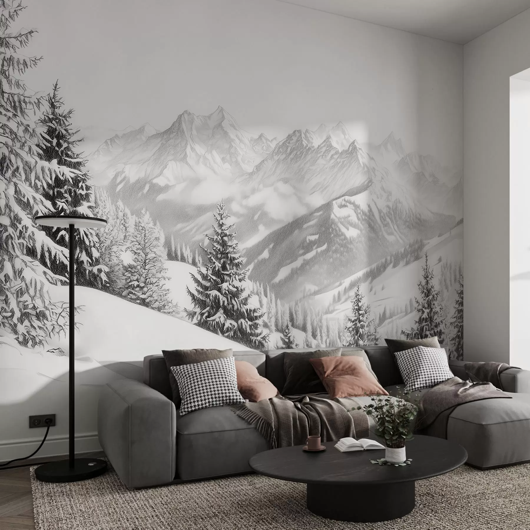 Fototapetai Žiema kalnuose, miškas, Alpės, piešinys pieštuku, gamtos peizažai w02353