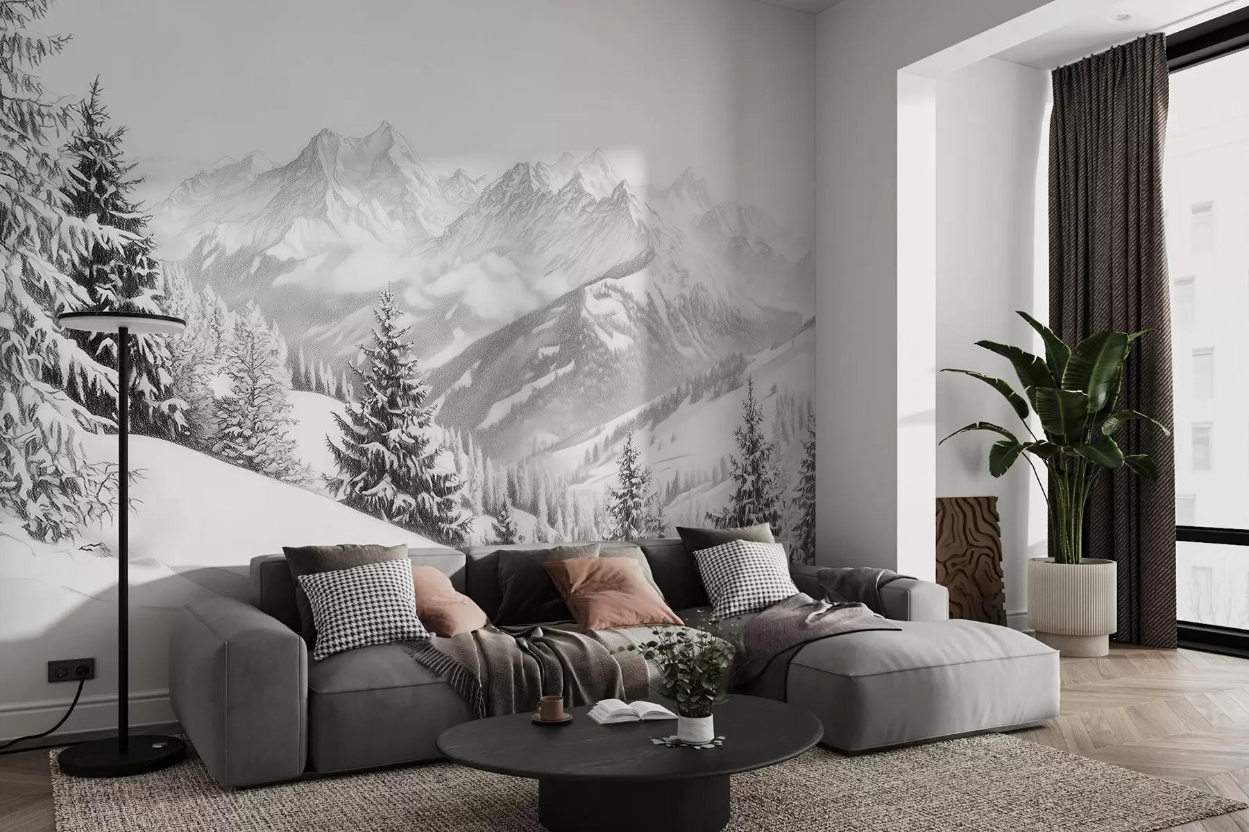 Fototapetai Žiema kalnuose, miškas, Alpės, piešinys pieštuku, gamtos peizažai w02353