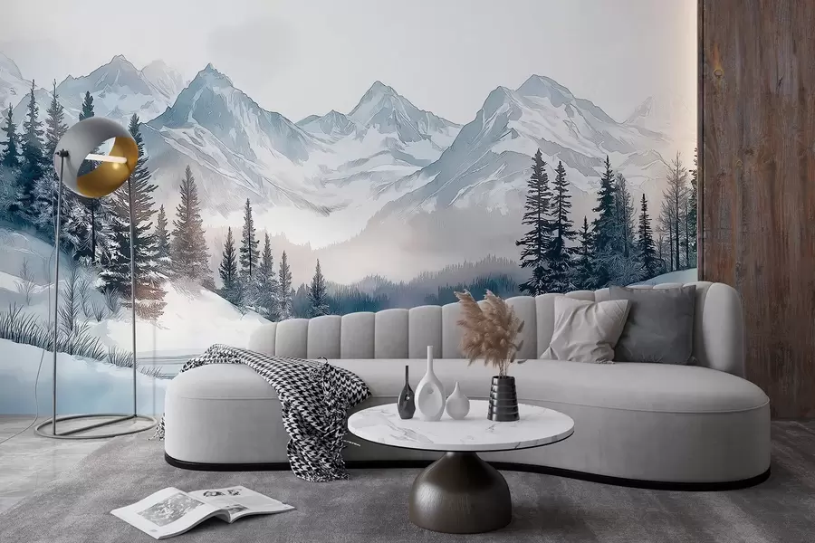 Fototapetai Kalnai su ežeru, žiema, miškas, saulėlydis dangus, gamta w02357