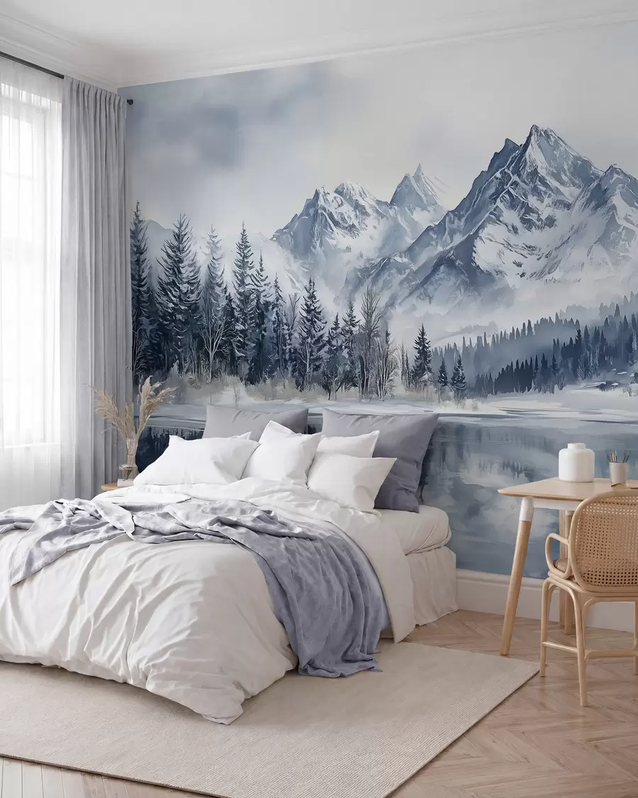 Fototapetai Alpės sniege, žiemos miškas, užšalęs ežeras, mėlyna spalvų paletė  w02358