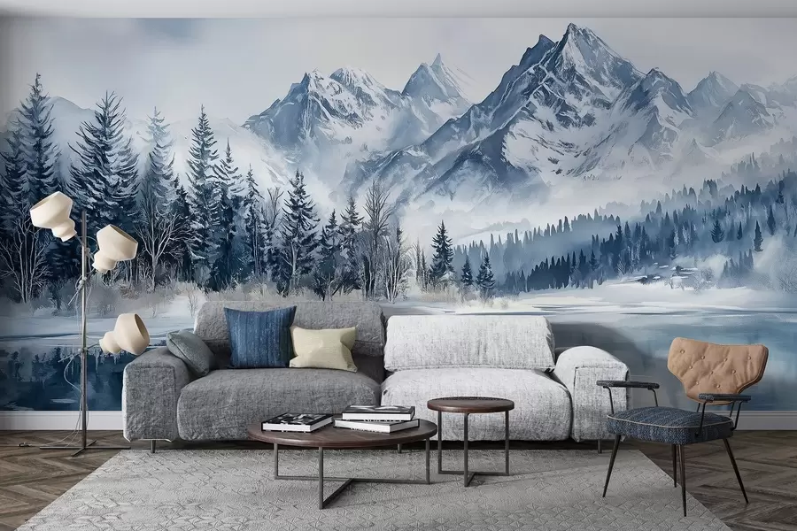 Fototapetai Alpės sniege, žiemos miškas, užšalęs ežeras, mėlyna spalvų paletė  w02358