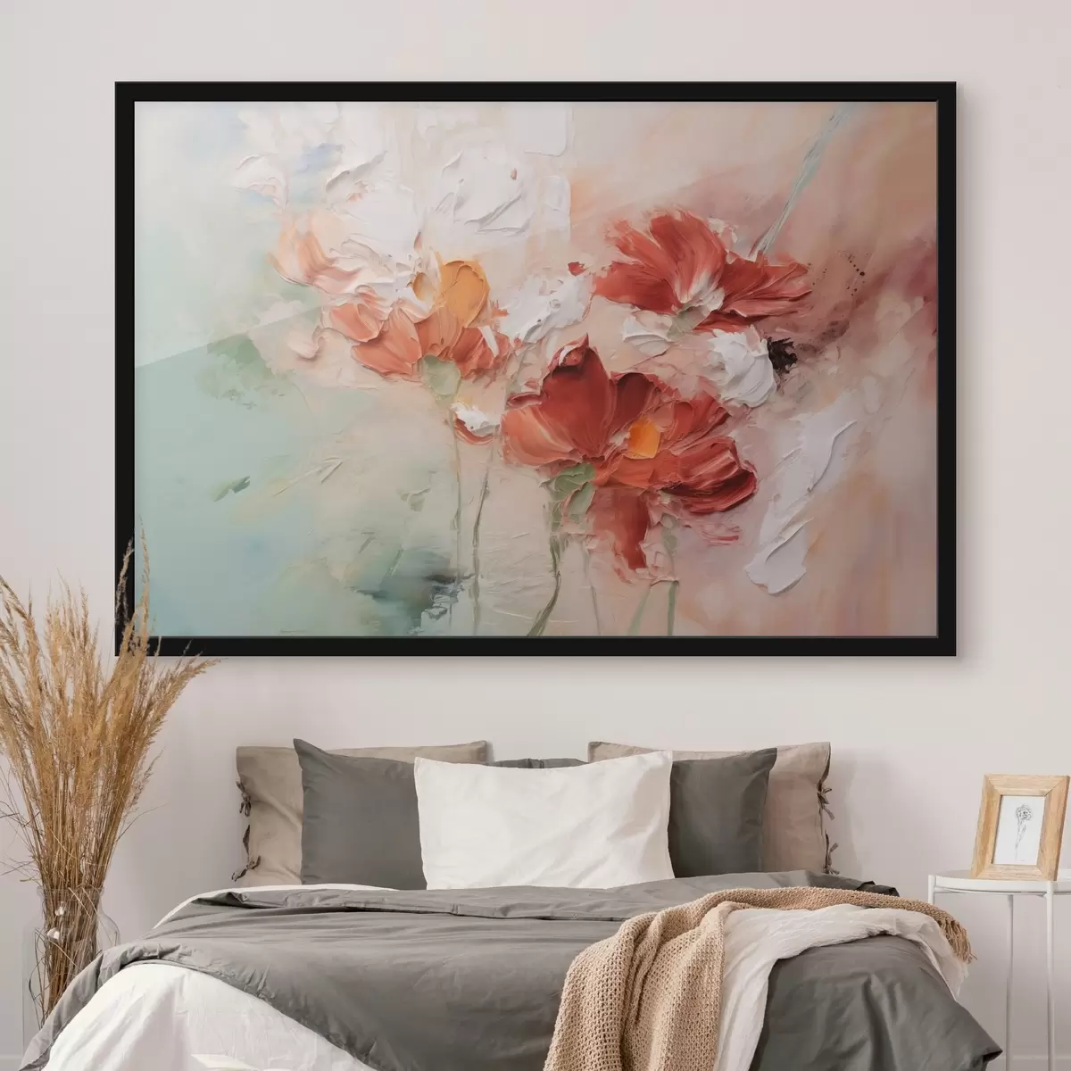 Plakatas Abstrakti gėlių kompozicija, teptuko potėpio imitacija, žali, raudoni atspalviai f41852