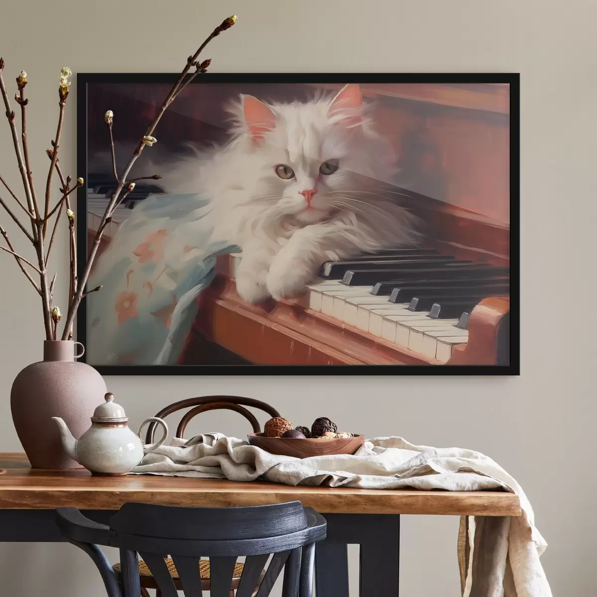 Plakatas Balta katė guli ant fortepijono klavišų imitacijos tapyba f41853