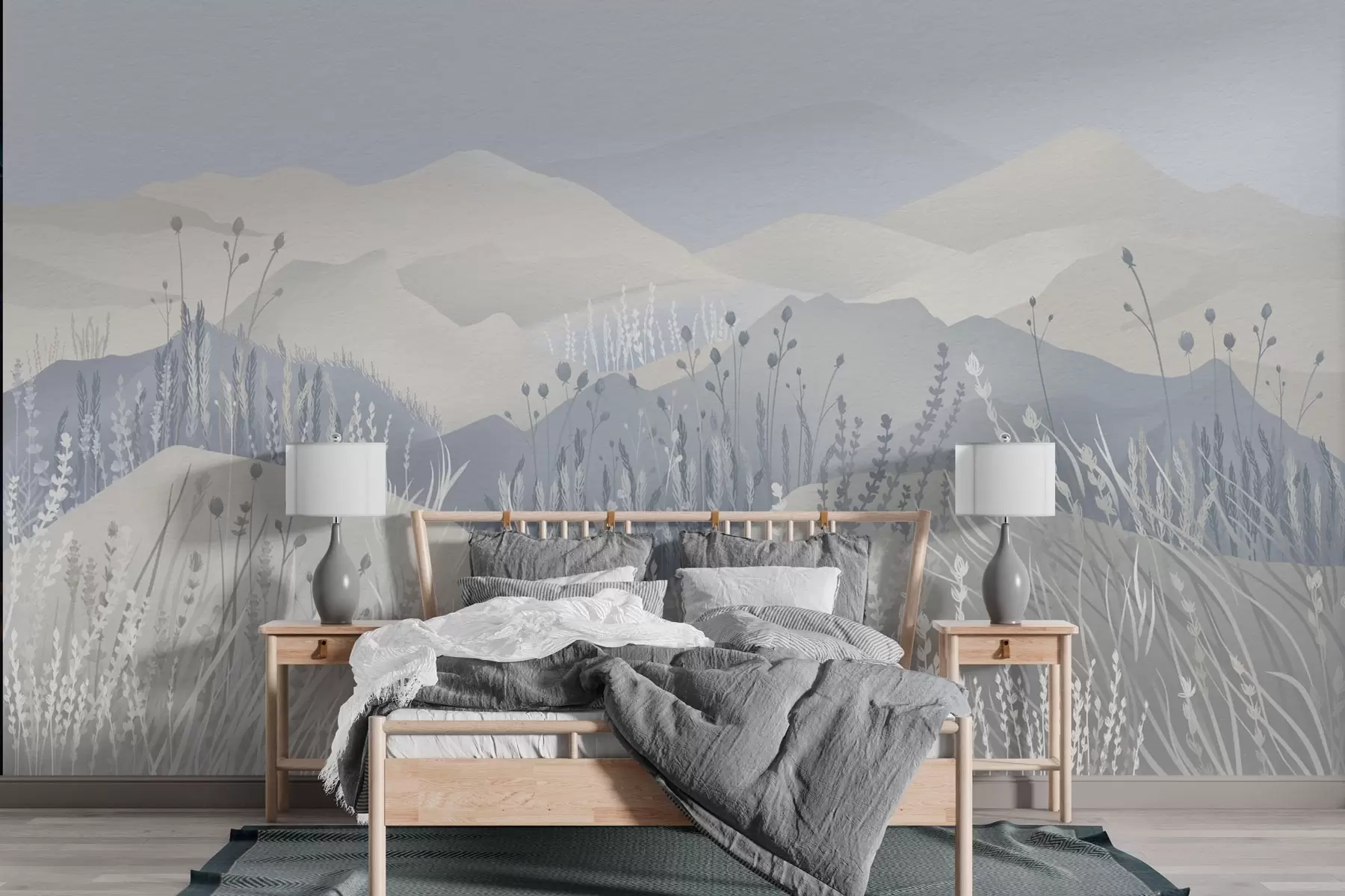 Fototapetai Migloti kalnai ir mėlynos spalvos lauko žolės bei gėlės w02317v1