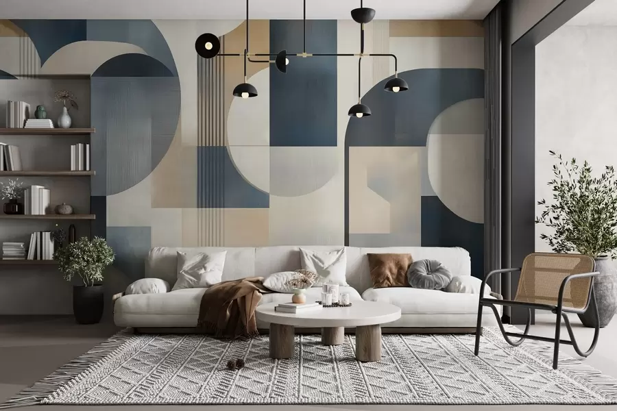 Fototapetai Art Deco tapetai su mėlynos, smėlio ir pieno atspalvių geometriniu raštu w02346