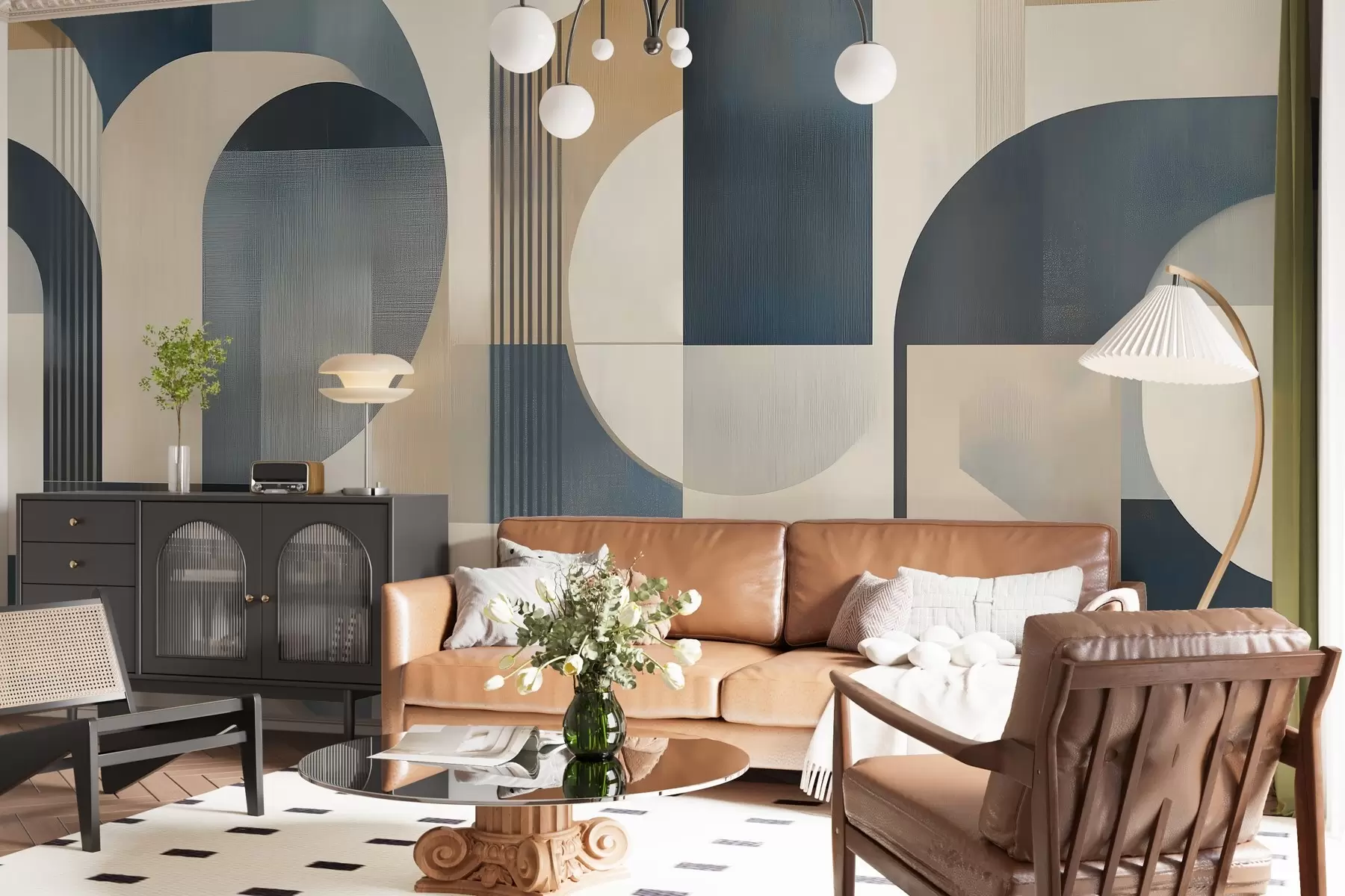 Fototapetai Art Deco tapetai su mėlynos, smėlio ir pieno atspalvių geometriniu raštu w02346