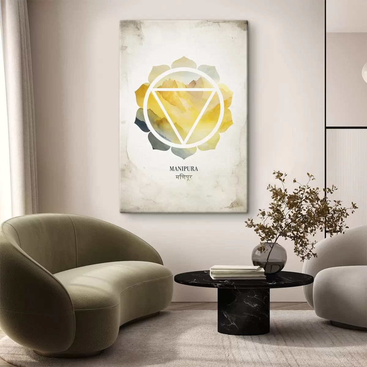 Paveikslėlis Manipura čakra, geltonoji čakra, ezoterika, meditacija, budizmas, akvarelės stiliaus kalnai s41882