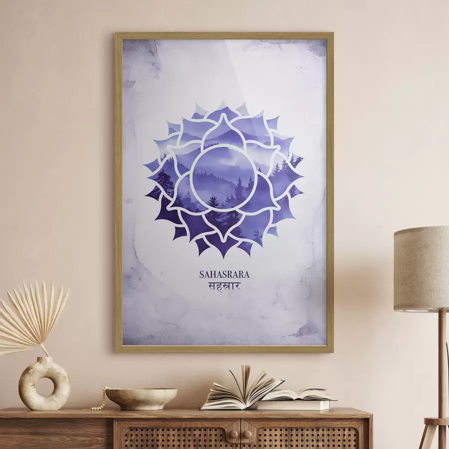 Fototapetai Sahasrara čakra, violetinė čakra, ezoterinis, meditacija, budizmas, akvarelės stiliaus kalnai f41886