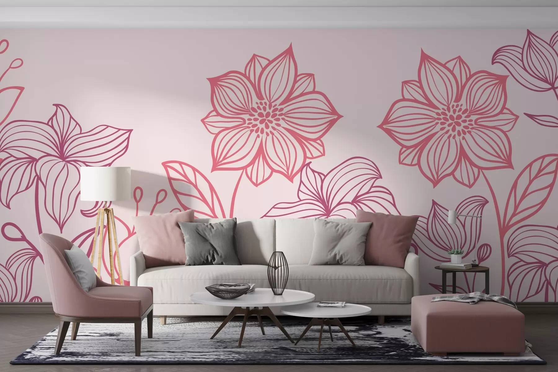 Fototapetai Dažyti rožinių gėlių kontūrai w02394