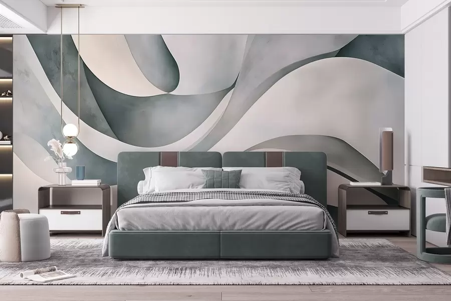 Fototapetai Baltos, mėlynos ir pilkos spalvos išlenktos formos ir piešiniai, sukuriantys abstraktų tekstūrinį šiuolaikinį minimalistinį atspaudą  w08439v1