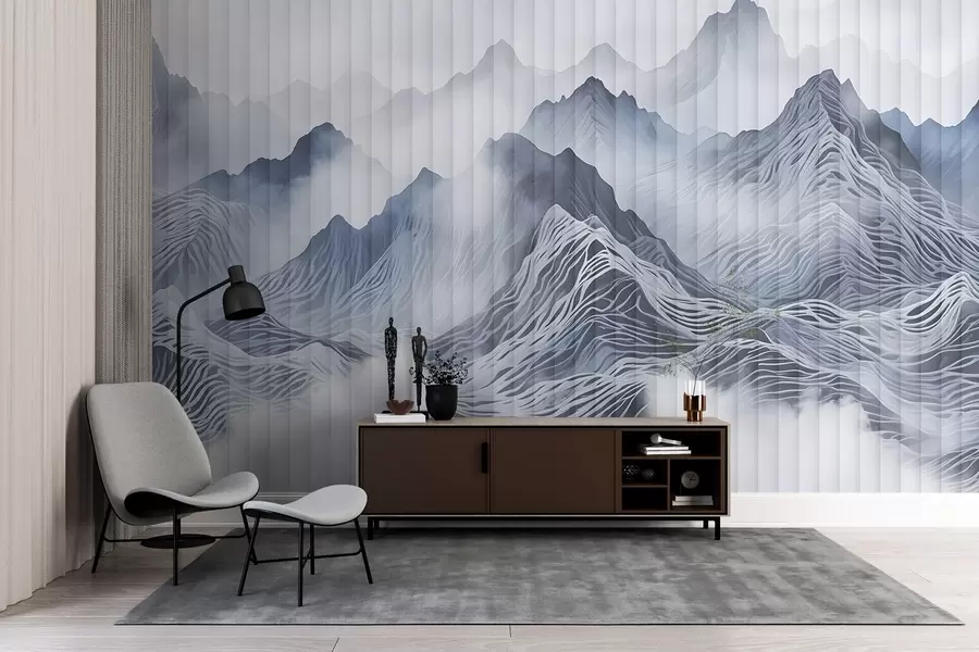 Fototapetai Miglotas abstraktus kalnų kraštovaizdis su pilkų ir baltų atspalvių kalvomis ir viršūnėmis w08440