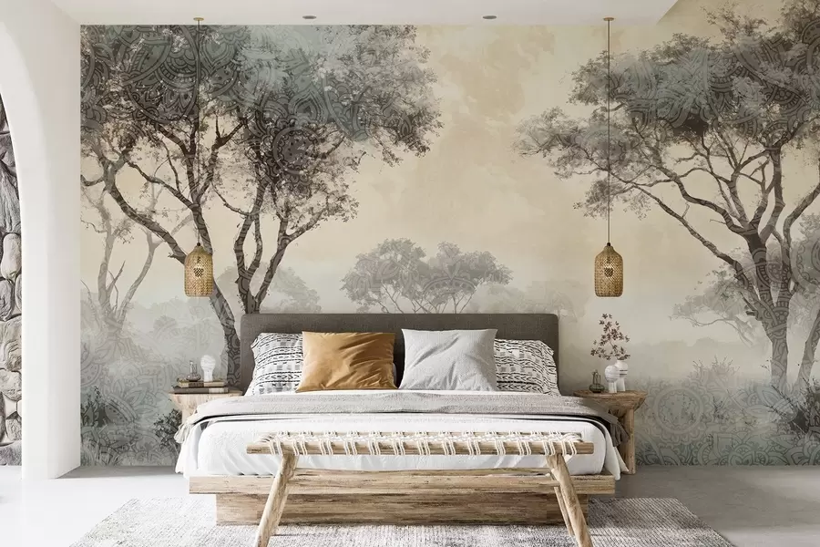 Fototapetai Miglotas, ramus kraštovaizdis su medžių siluetais pirmame plane ir švelniu pilkų ir smėlio atspalvių rūku w08442v1