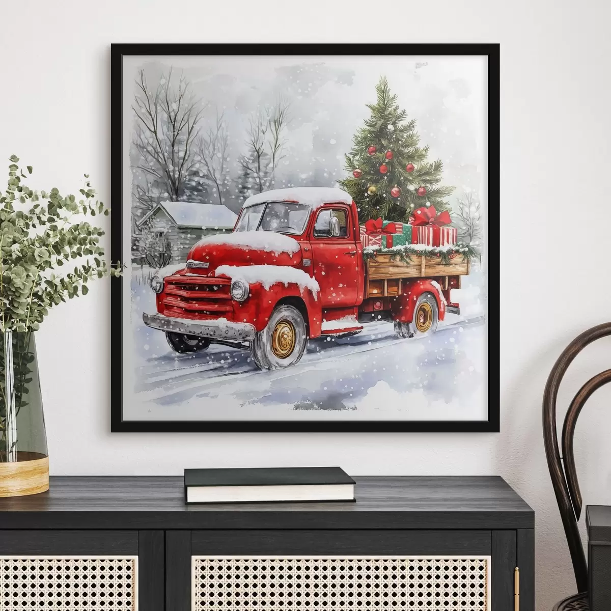 Plakatas Kalėdų automobilis su eglute ir dovanomis snieguotu oru f41968
