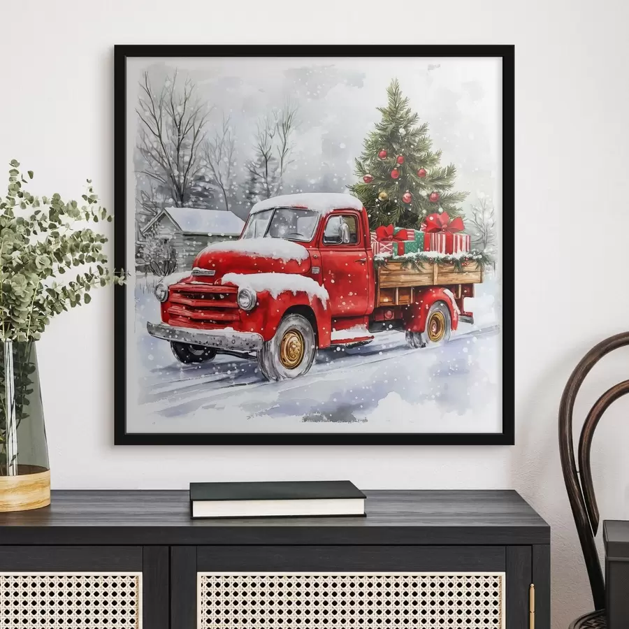 Fototapetai Kalėdų automobilis su eglute ir dovanomis snieguotu oru f41968