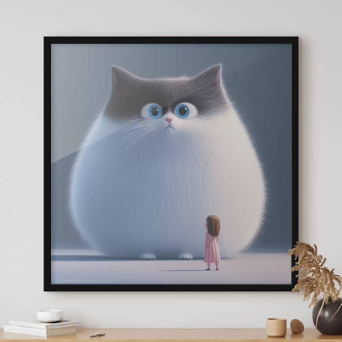 Plakatas Iliustracijų stiliaus nustebęs pūkuotas katinas su mergaite f41974