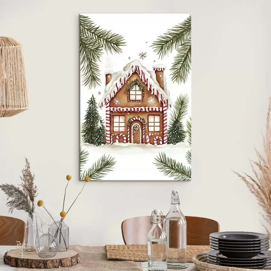 Paveikslėlis Imbierinis namelis, pušų šakos, skanus, šventinis, akvarelės stilius s41950