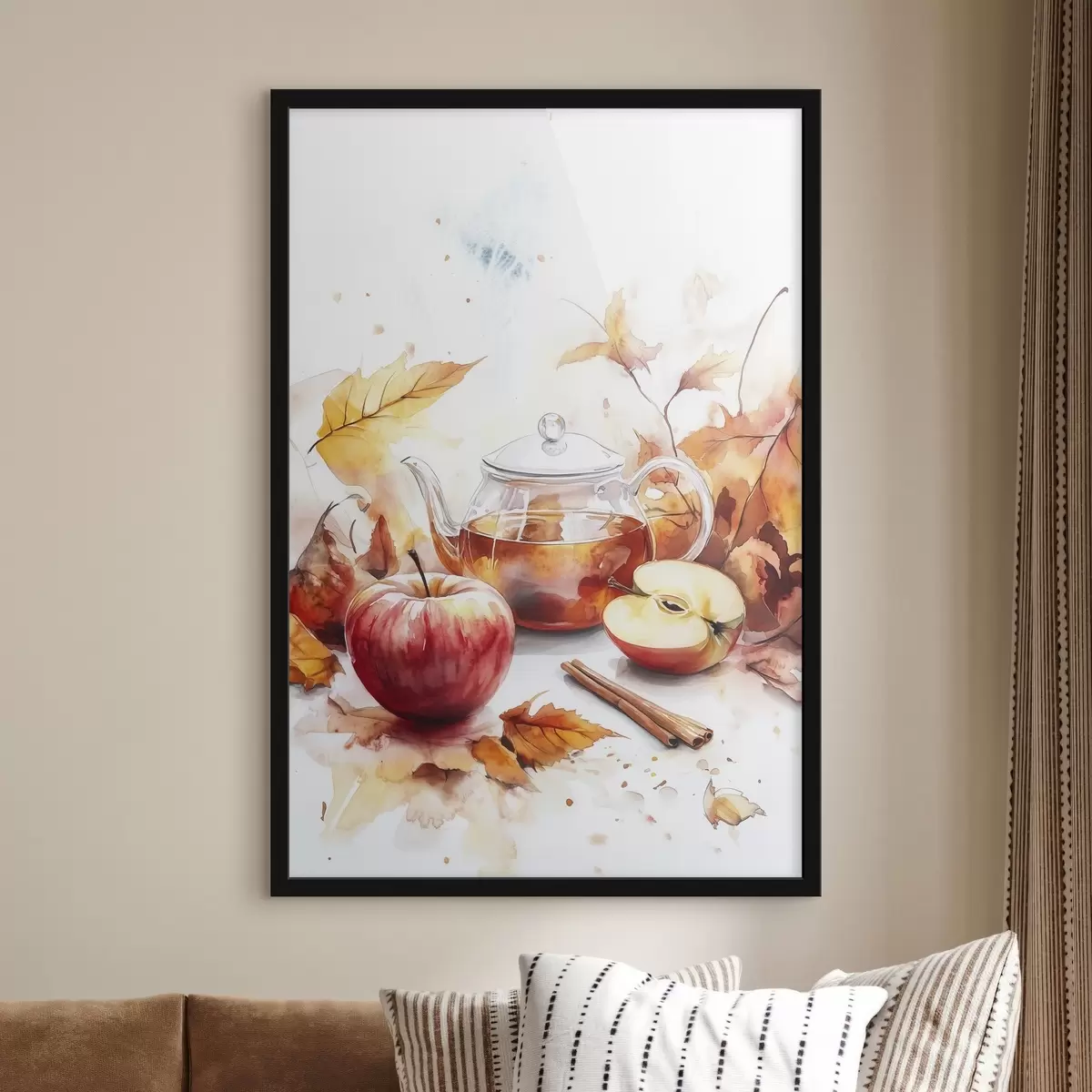 Plakatas Akvarelinis arbatos puodelis su karštu vynu, obuoliais, cinamonu, rudens spalvomis f41943