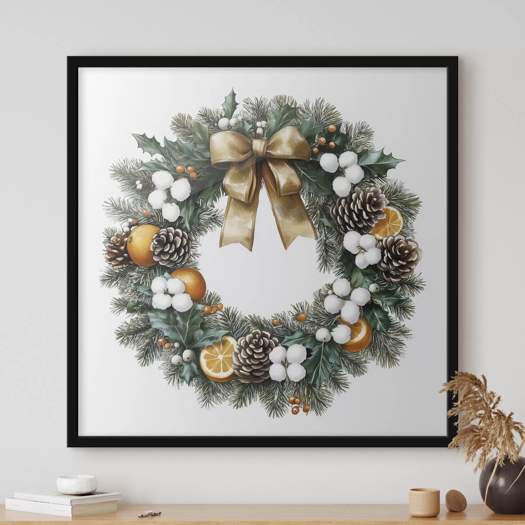 Fototapetai Kalėdinis pušų vainikas su lanku, medvilne, apelsinais, uogomis ir spurgomis f41962