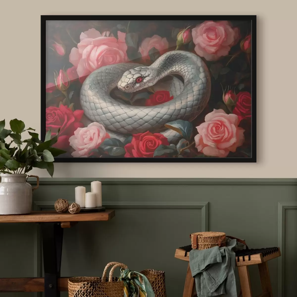 Plakatas Balta gyvatė tarp rožių f41920