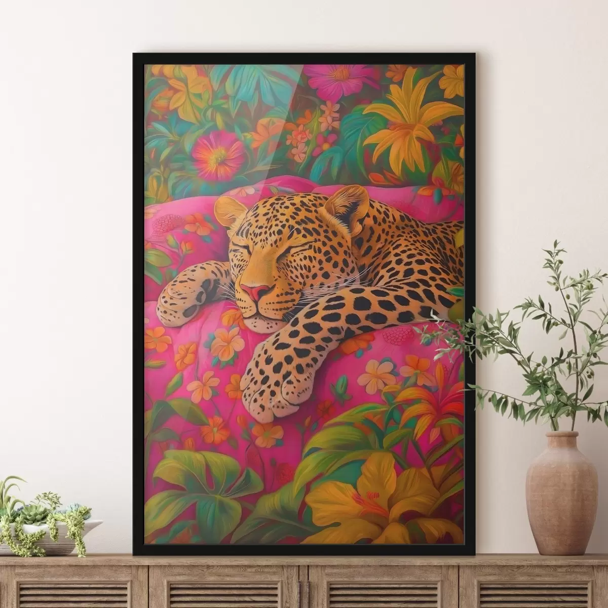 Plakatas Miegantis leopardas tarp gėlių f41929