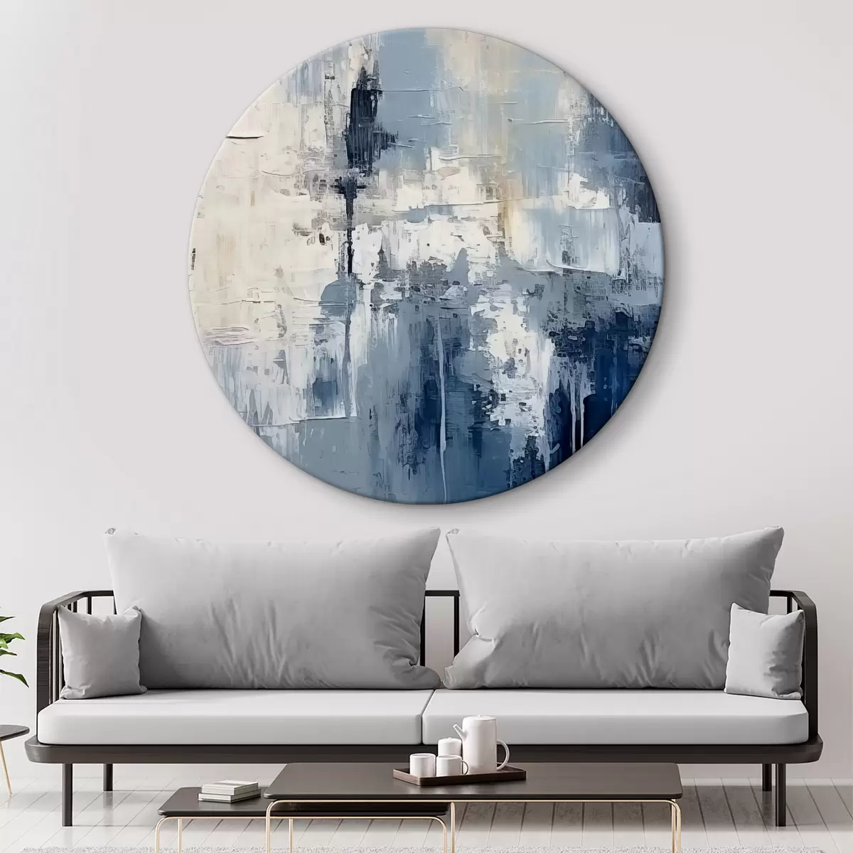 Apvalūs paveikslai Abstraktus minimalistinis aliejinis paveikslas, trintas, geometrinis, beicinis, mėlynos ir baltos spalvos r38906