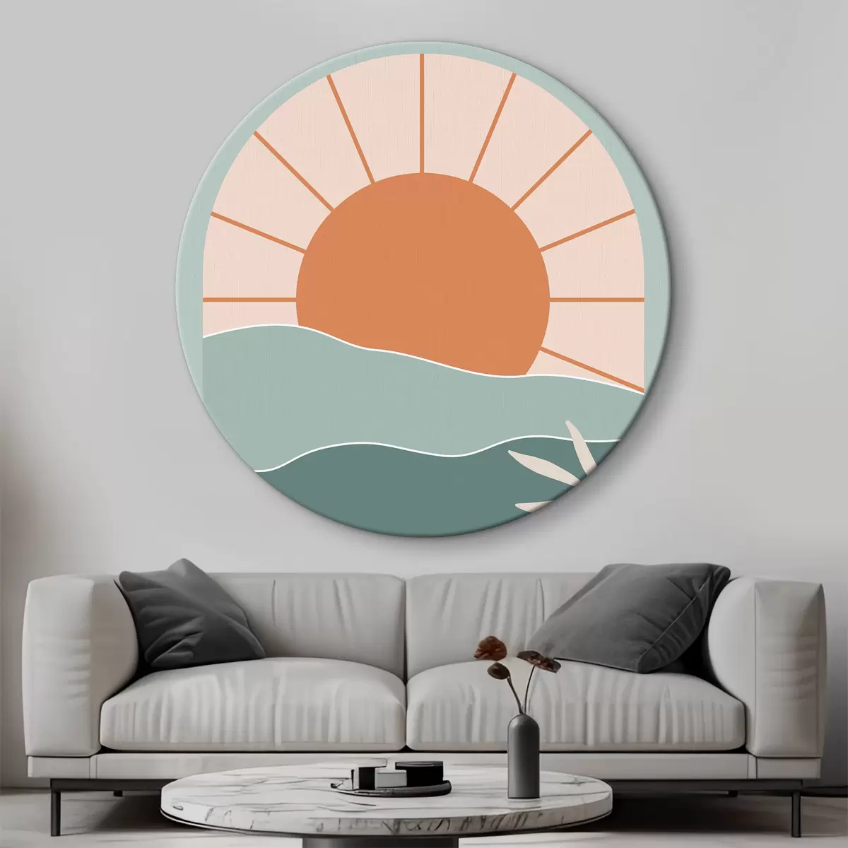 Apvalūs paveikslai Abstraktus saulėlydis, geometrinė gamta, boho stilius, žalia, oranžinė r37134