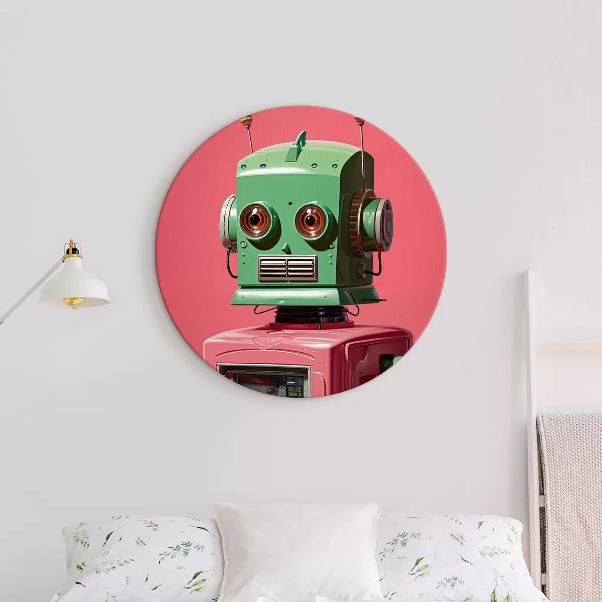 Apvalūs paveikslai Android robotas su žalia galva rožiniame fone r40314