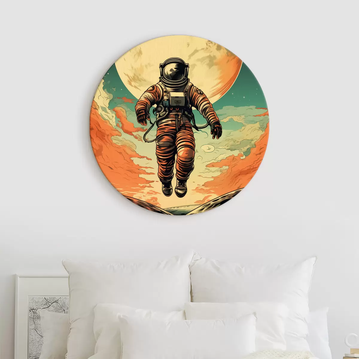 Apvalūs paveikslai Astronautas skrieja asteroidu su mėnuliu fone, mėlynos, raudonos ir oranžinės spalvos r40313