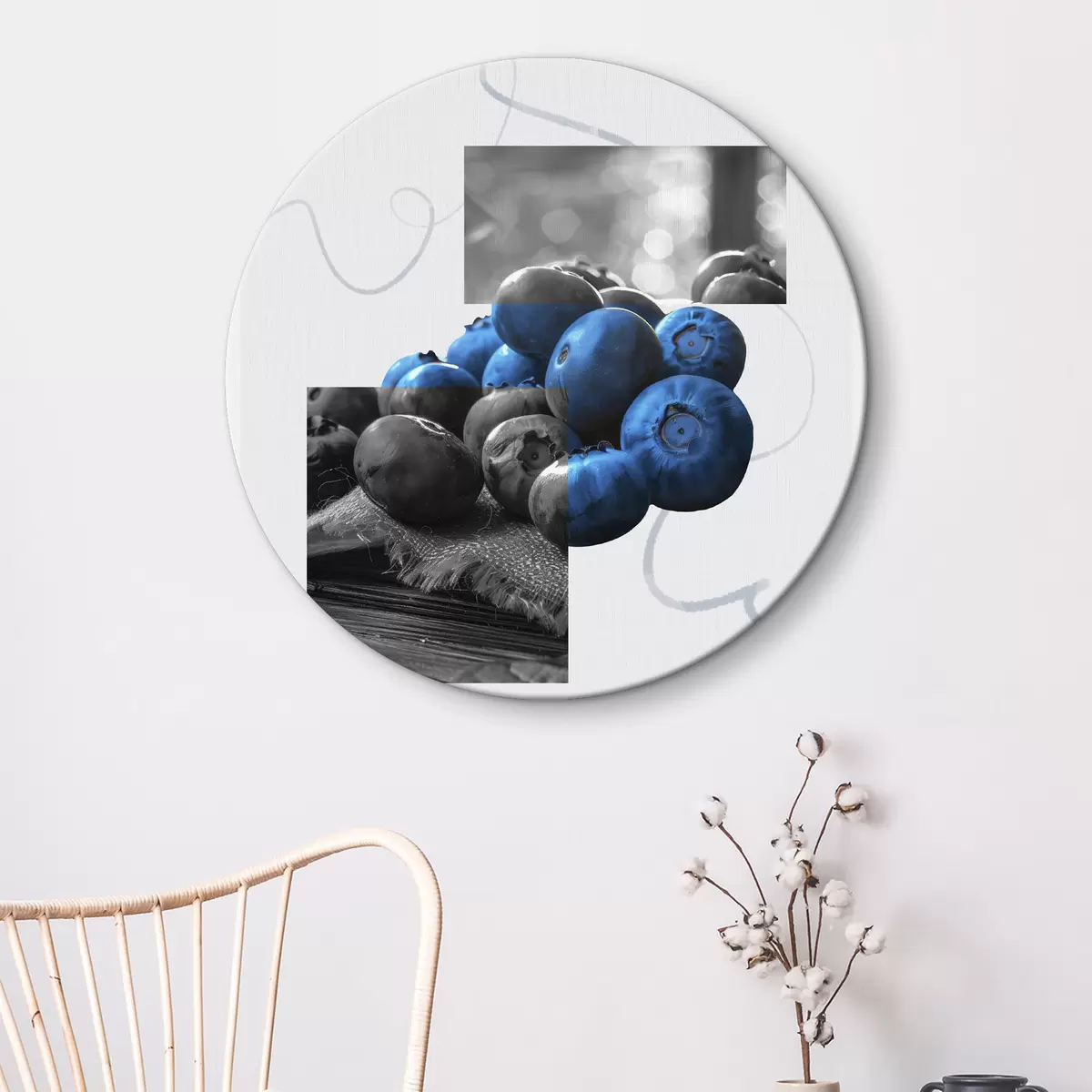 Apvalūs paveikslai Mėlynės, abstraktus menas, fotorealizmas, vasaros uogos r40043