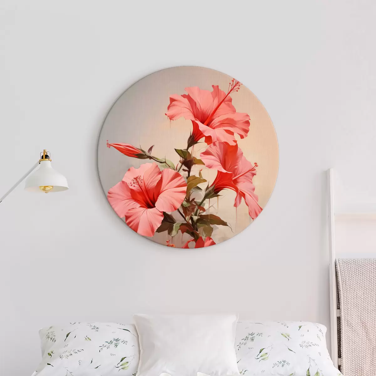 Apvalūs paveikslai Žydinčio hibisko šakelė, raudonos, rožinės, pilkos spalvos r40490