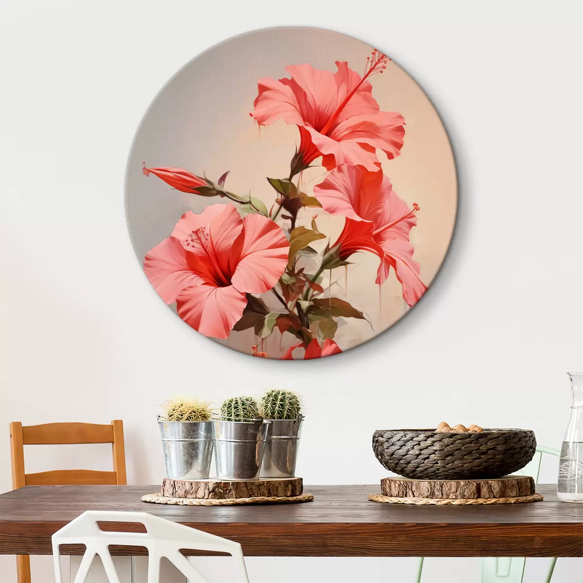 Apvalūs paveikslai Žydinčio hibisko šakelė, raudonos, rožinės, pilkos spalvos r40490
