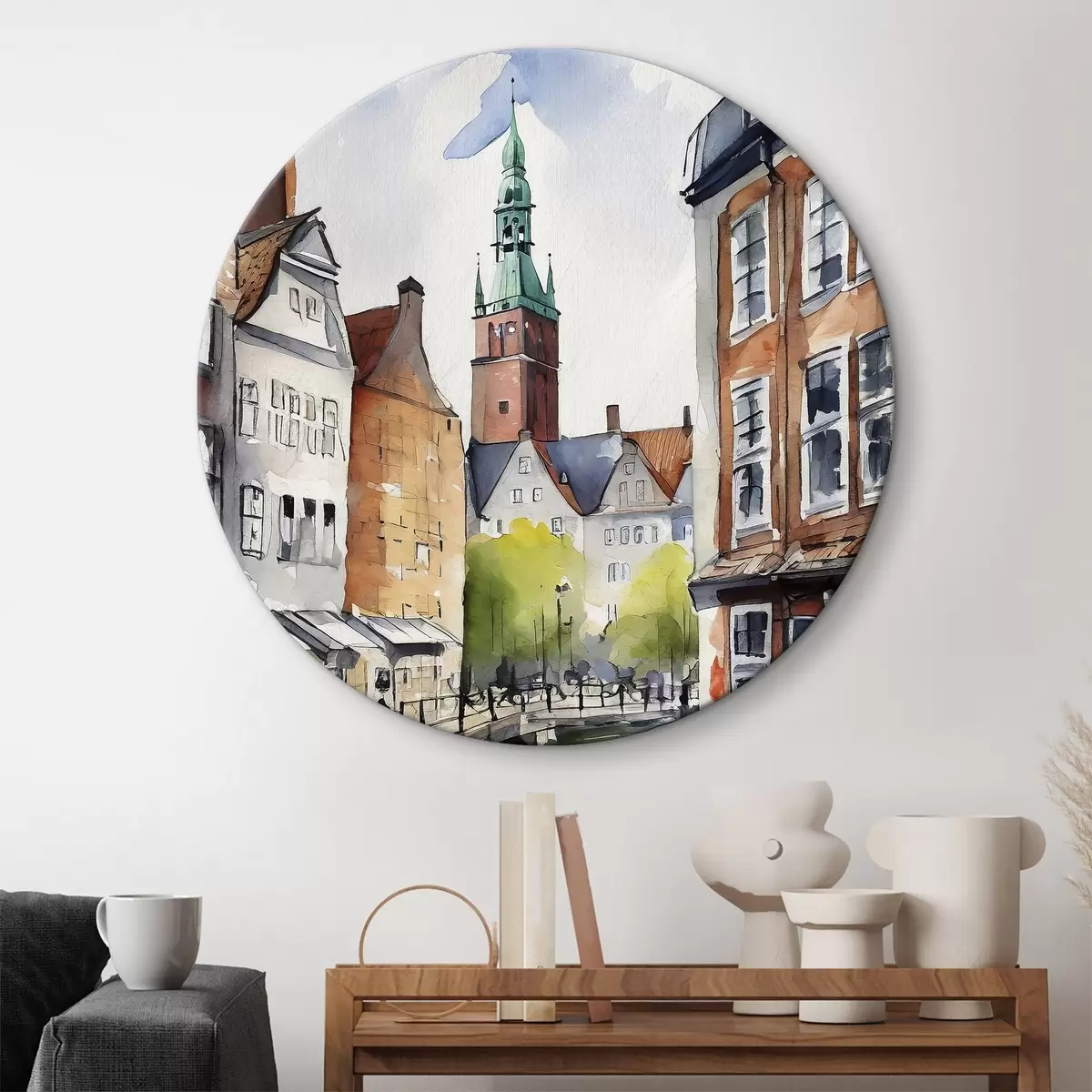 Apvalūs paveikslai Danijos gatvės, akvarelė, architektūrinis piešinys r36682