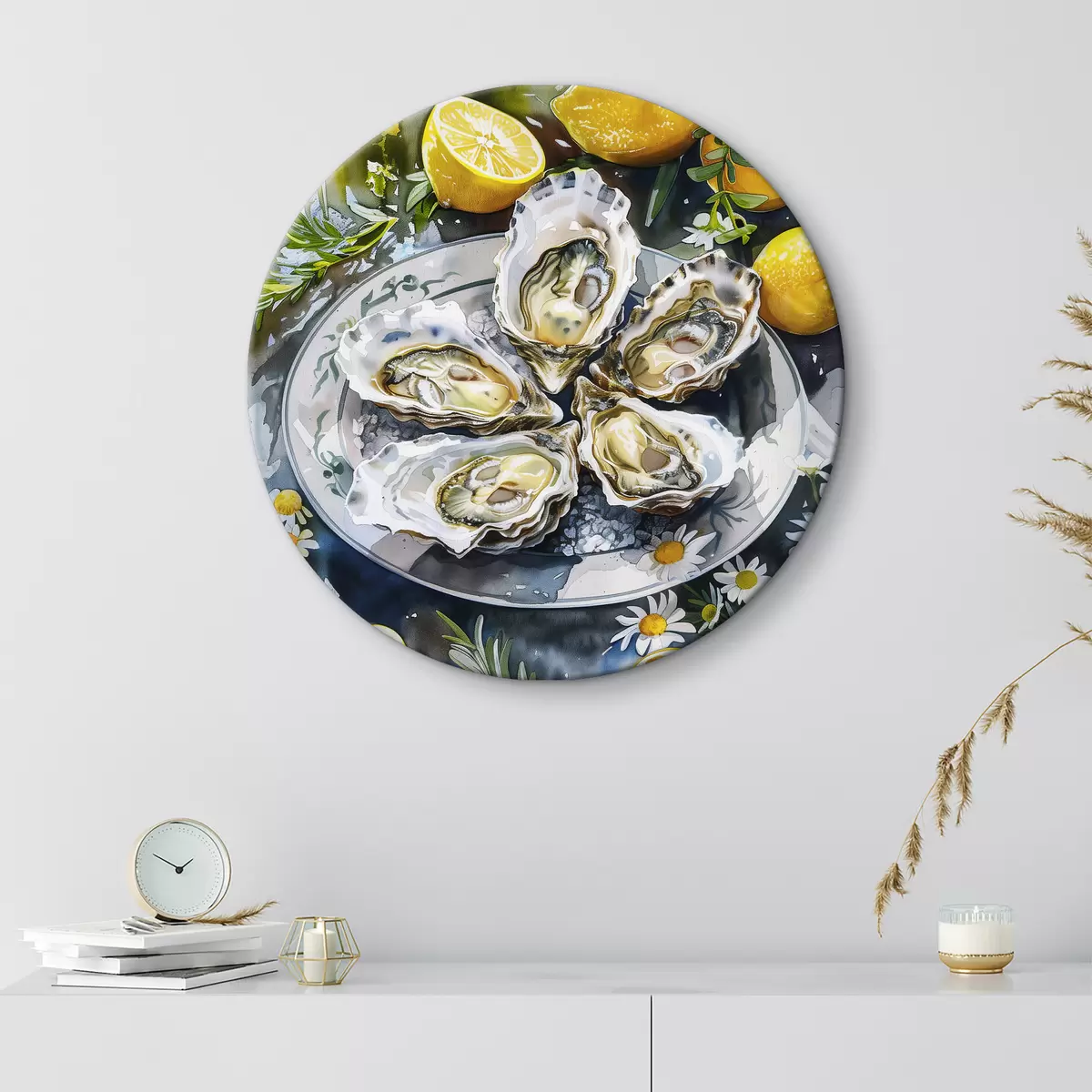 Apvalūs paveikslai Elegantiškos austrės lėkštėje, citrinos ir gėlės, vasariškos spalvos, Viduržemio jūros r39710