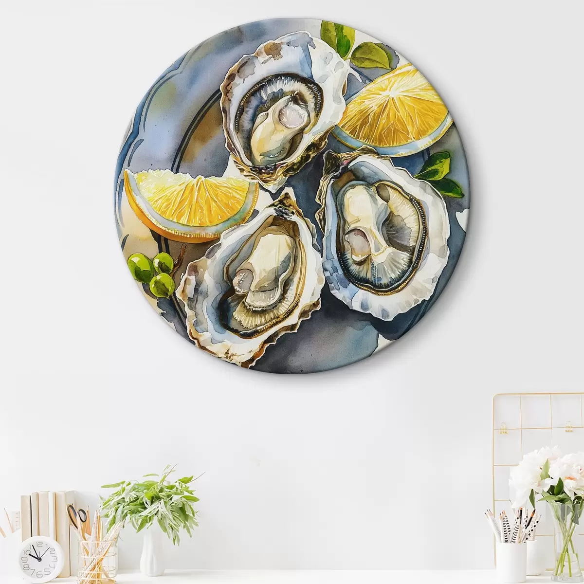 Apvalūs paveikslai Elegantiškos austrės lėkštėje, akvarelė, citrinos, natūralios spalvos, Viduržemio jūros r39711