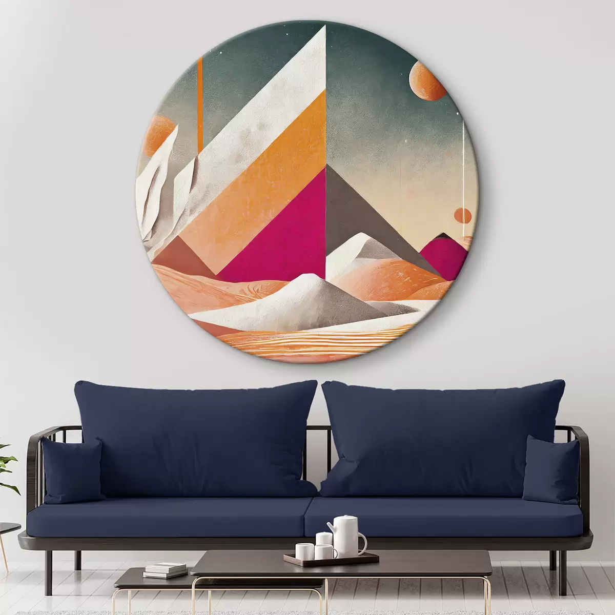 Apvalūs paveikslai Futuristinis menas, dykuma, geometrinės figūros, palmės, rožinė ir oranžinė spalvos r37366