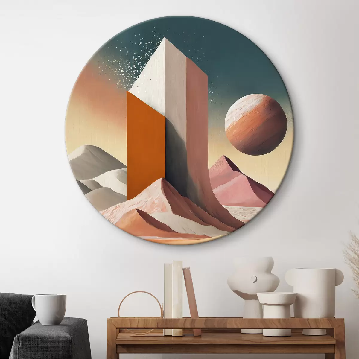 Apvalūs paveikslai Futuristinis menas, dykuma, geometrinės figūros, palmės, rožinė ir oranžinė, planeta r37369