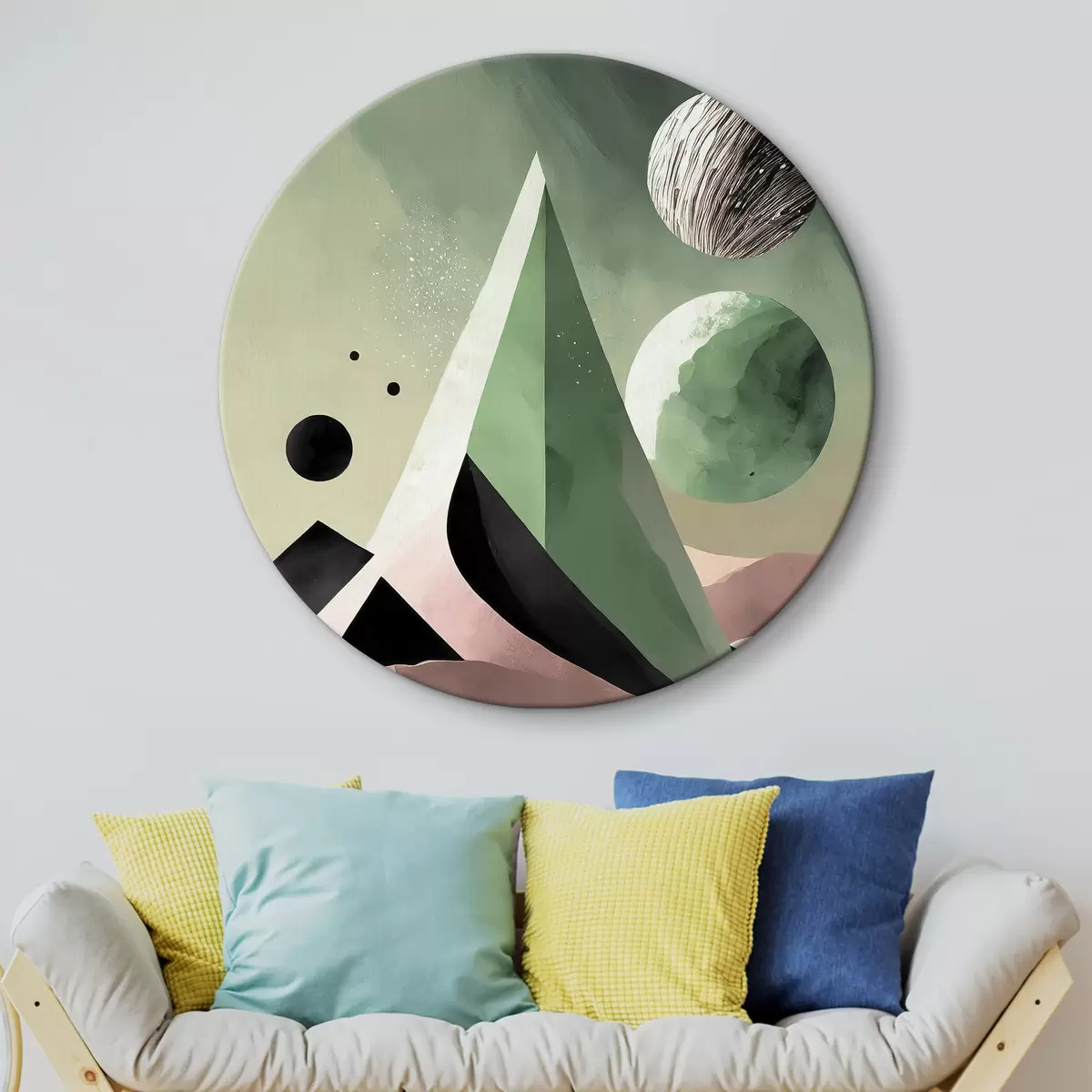 Apvalūs paveikslai Futuristinis menas, dykuma, geometrinis, kaktusas, minkšta rožinė, kosminis, planetos r37364