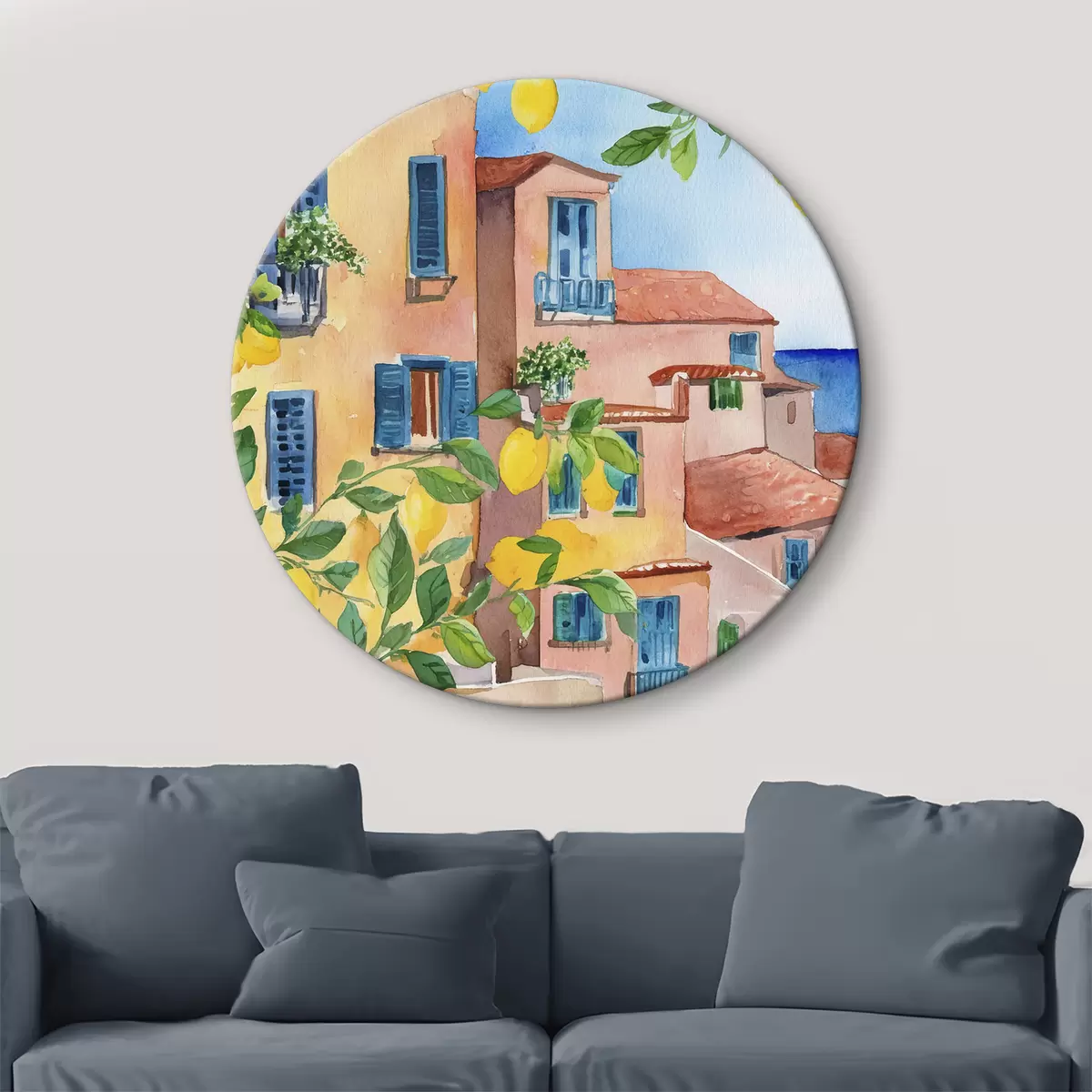 Apvalūs paveikslai Italijos miesto architektūra, jūros pakrantė, vasara, akvarelė, citrinmedis r38395
