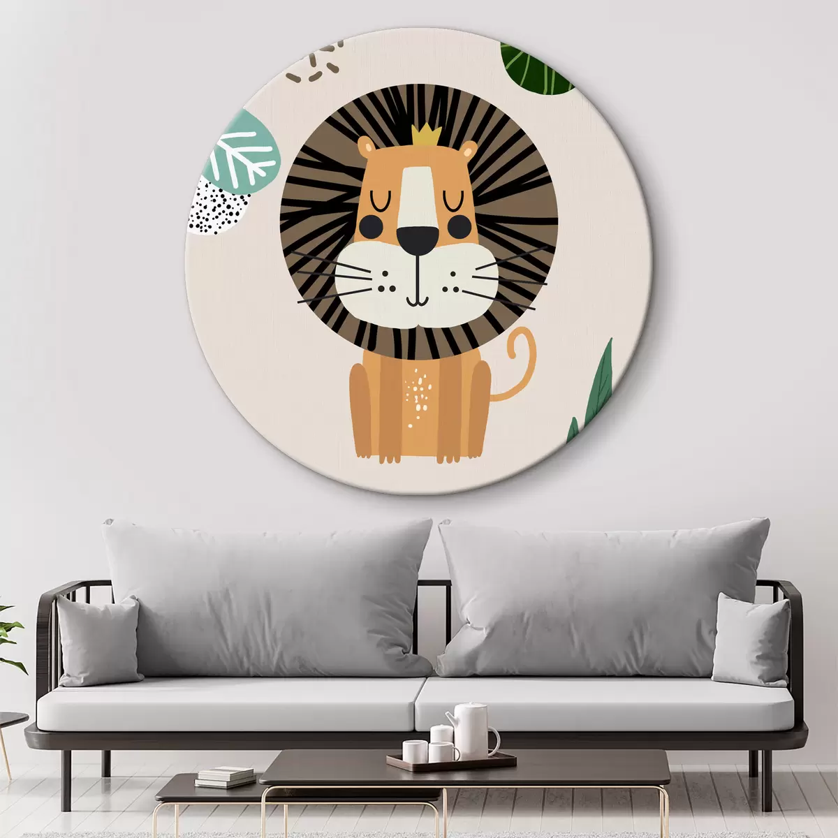Apvalūs paveikslai Liūtas džiunglėse safari stiliumi, boho r39095