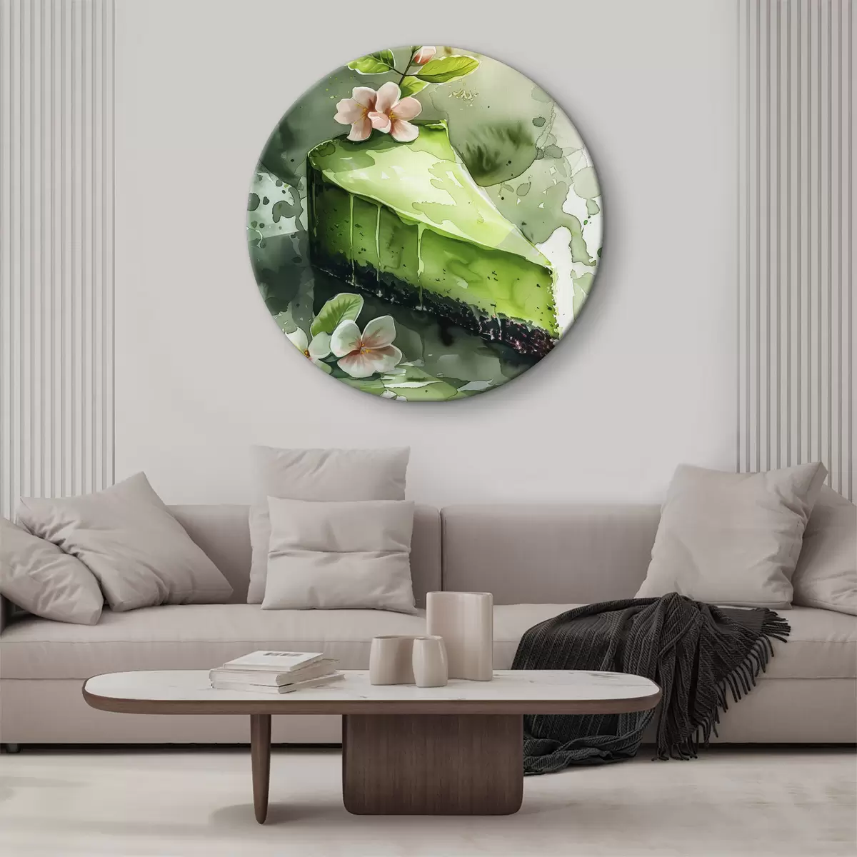 Apvalūs paveikslai Matcha sūrio pyragas, akvarelės maisto menas, elegantiškas, gėlių, gaivios žalios spalvos r39701