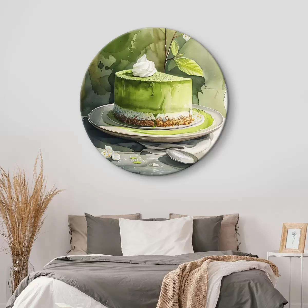 Apvalūs paveikslai Matcha sūrio pyragas, akvarelės maisto menas, elegantiškas, jazminų žiedas, žalios spalvos r39702